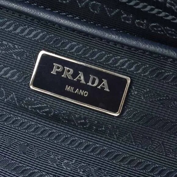 Auth PRADA Logo Handbag Shoulder Bag Navy Nylon/Leather/Silvertone - Picture 13 of 14